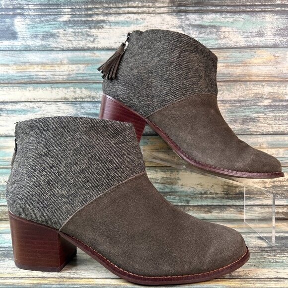 Toms Shoes - TOMS Ankle Boots Womens 8.5 Gray Suede Herringbone Tweed Dress Zip Block Heel